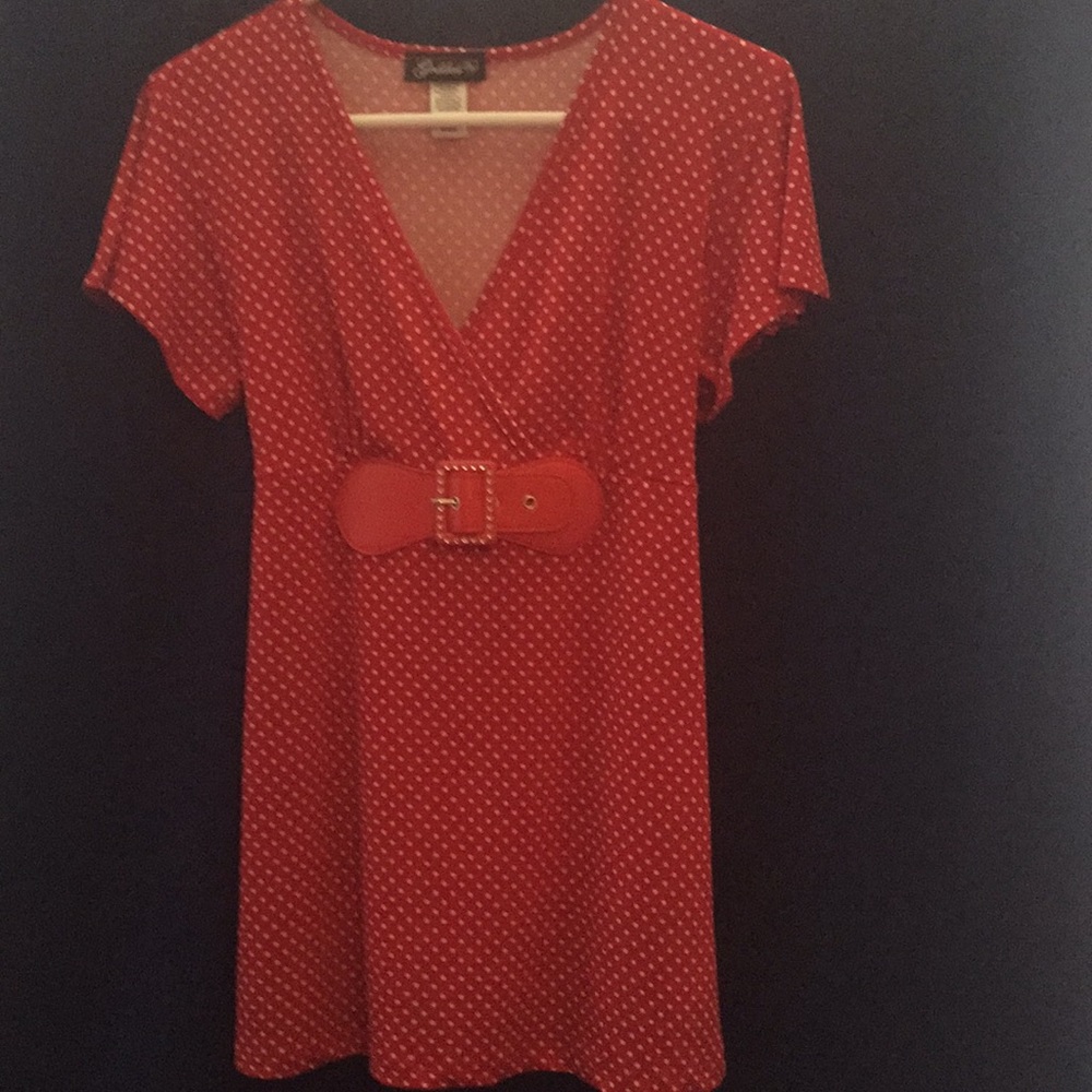Goddess Red w/ White Polka Dots Tunic Belted Top L